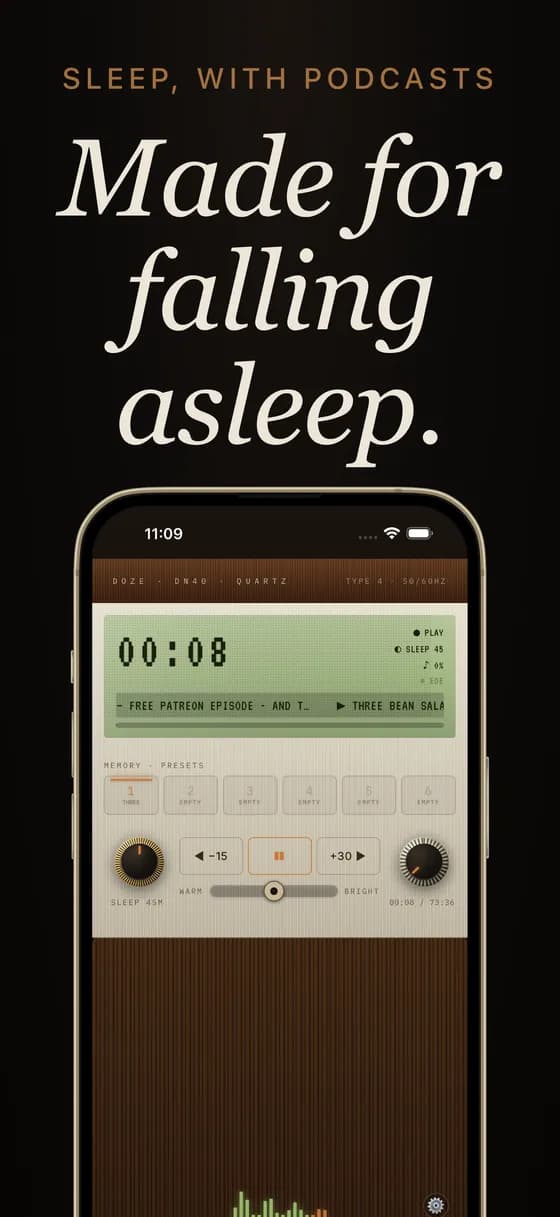 The walnut Doze chassis at night, time on the LCD, a podcast playing, sleep timer counting down