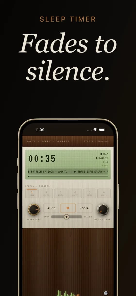 The sleep timer knob rotated to 90 minutes, SLEEP 90 lit on the display
