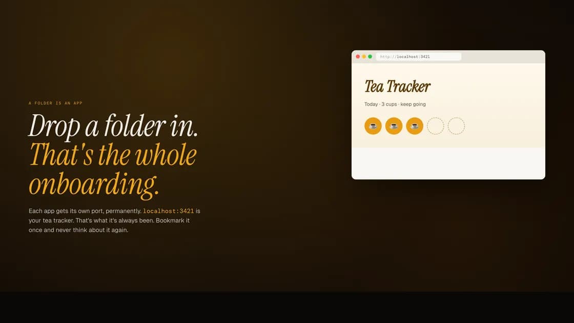 A browser window showing a Tea Tracker app served by Shed at localhost:3421